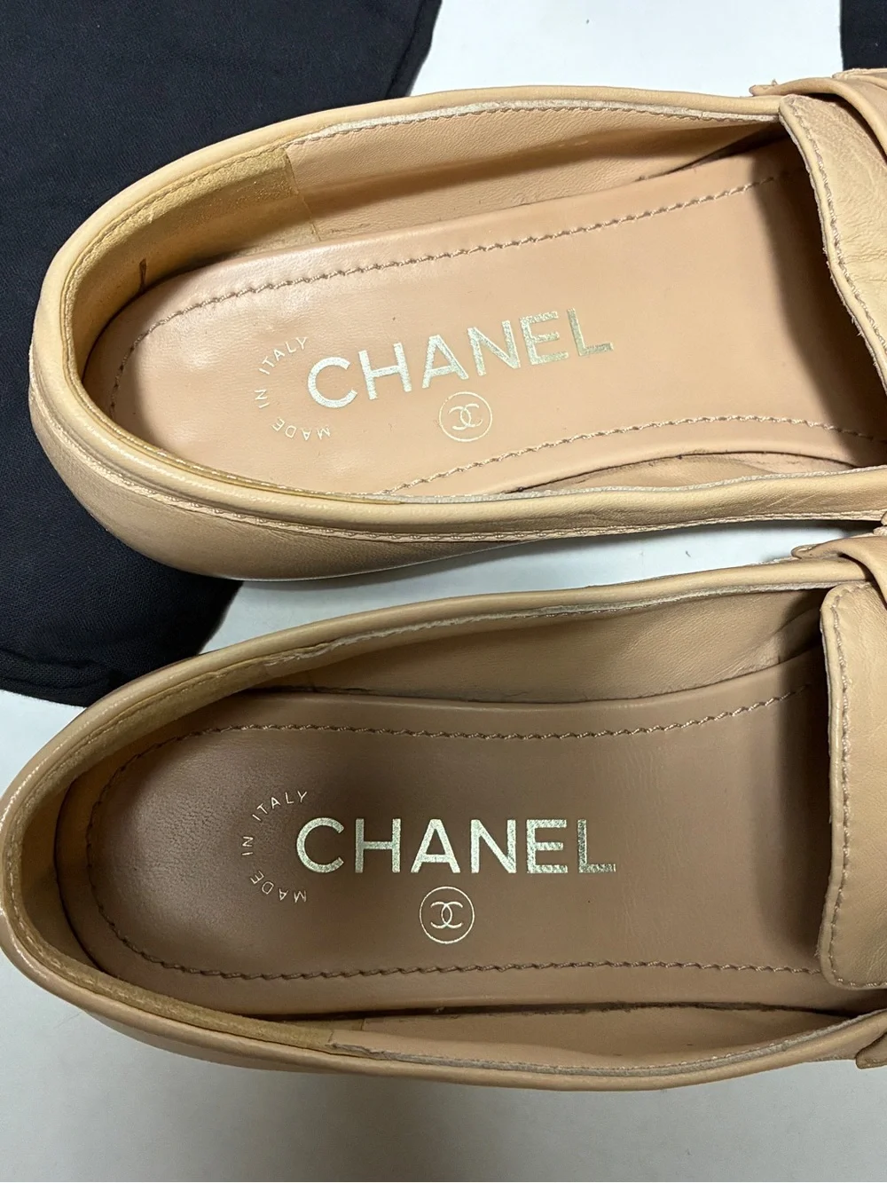 CHANEL Tan Leather CC Logo Penny Loafers